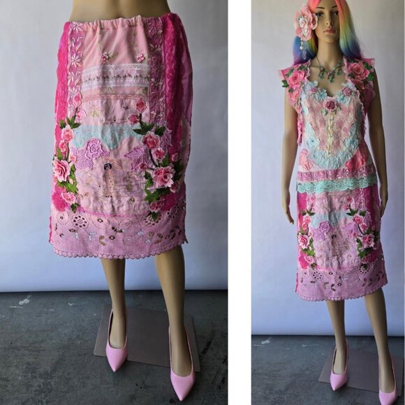 Romantic Vintage-Inspired Cherry Blossom Pink Skirt Embroidered Rose Skirt Retro - Picture 16 of 16